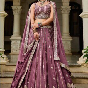 Dusty Mauve Rose Gold Sequence Embroidered Georgette  Lehenga Set w Dupatta